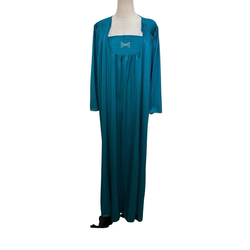 Vtg 70s 80s Teal Blue‎ Nightgown Robe Set Nylon Bow Sz M Romantic Lingerie